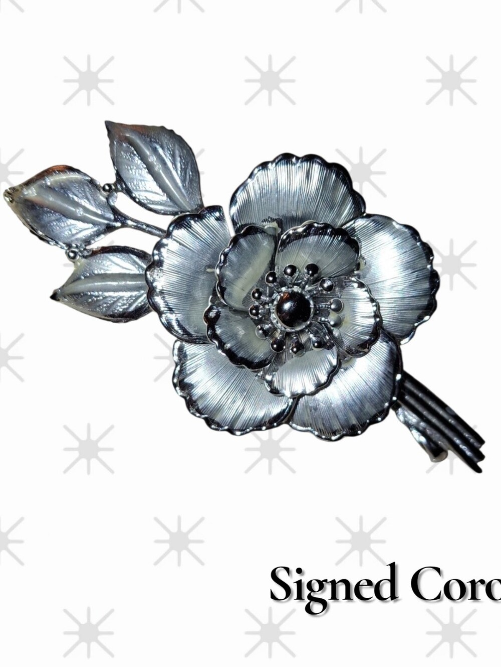 Vintage Signed Coro Large Silver Textured Flower Brooch Pin ~1960's